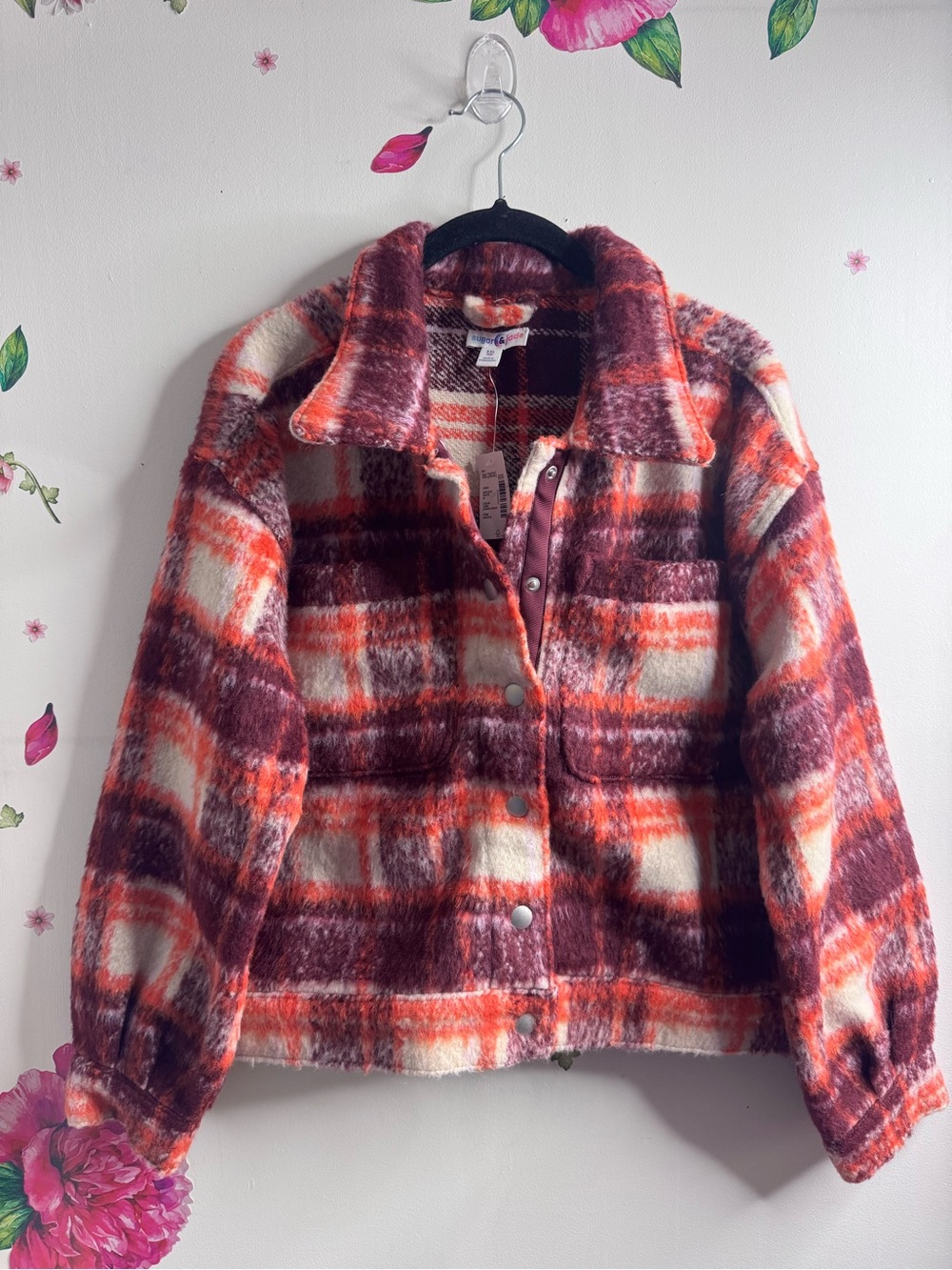 BNWT Plaid Fuzzy Button-Front Jacket in Burgundy & Orange